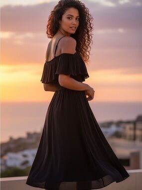 One-Shoulder Black Midi Dress with Ruffle Bodice